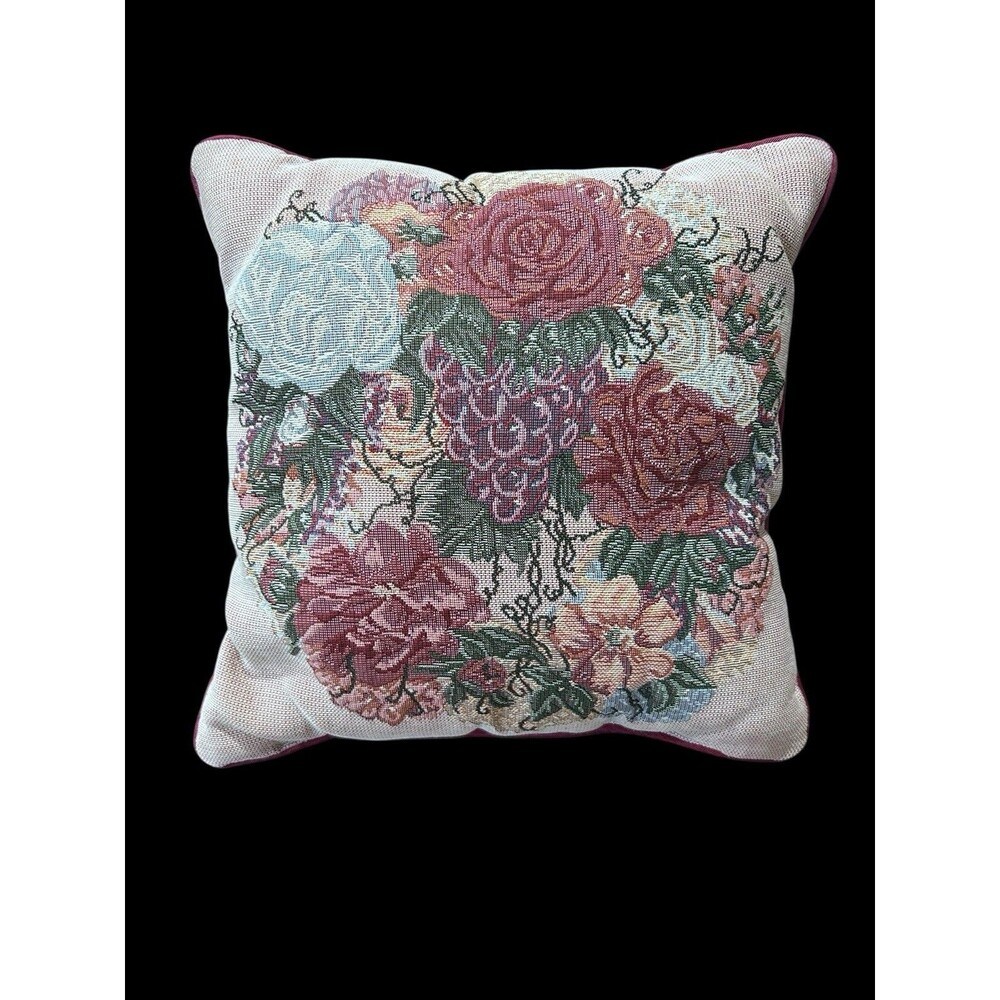 Vtg Glynda Turley Floral Roses Grapes Tapestry Decor Throw Pillow 12” X 12”